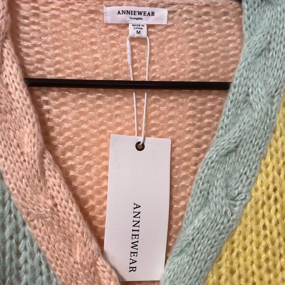 NWT AnnieWear Los Angeles Color Block Rainbow and Peach open knit sweater size M - Picture 3 of 7